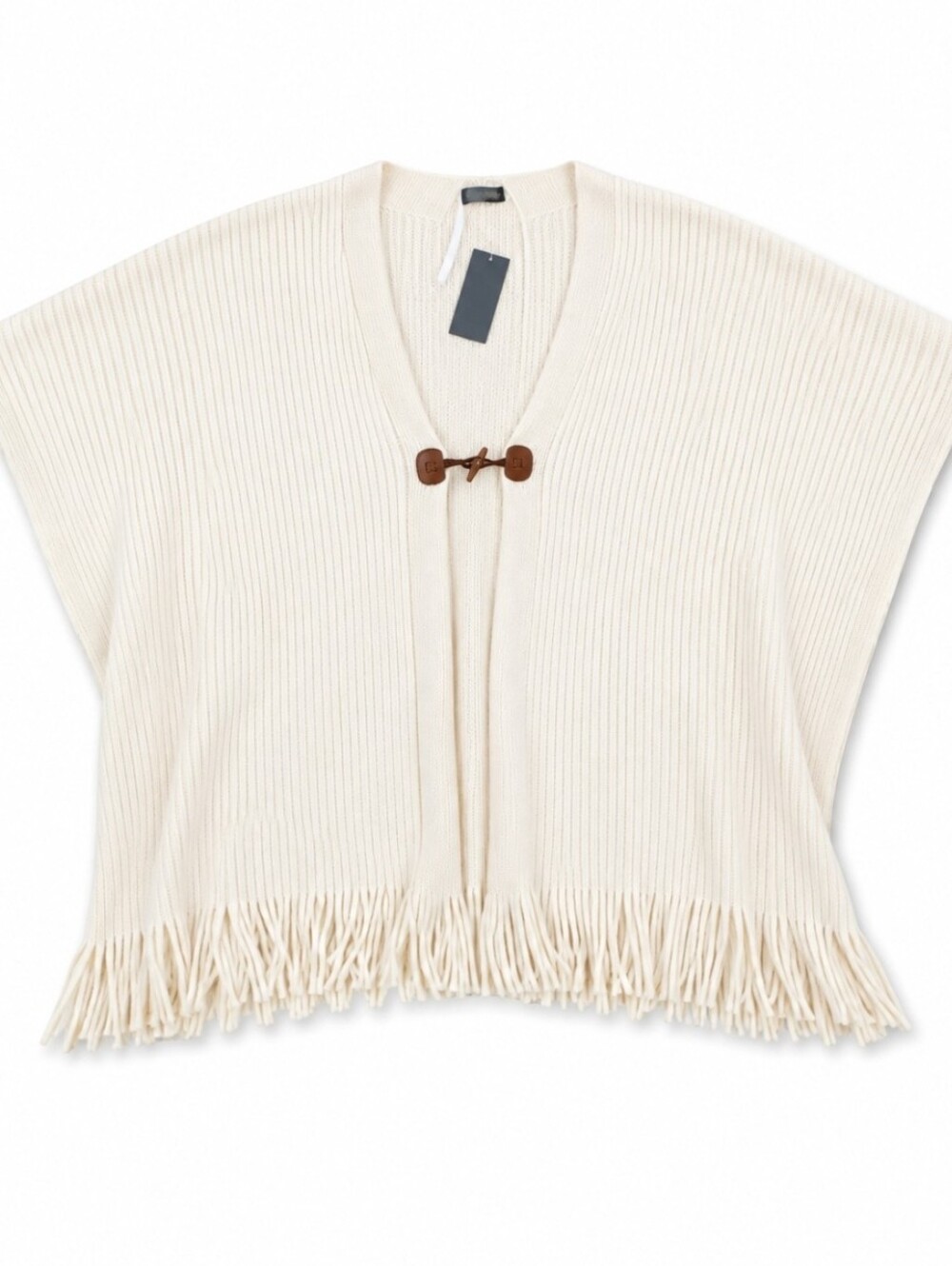Style & Co. Women's Fringe-Trim Toggle-Buckle Ivory Poncho Wrap Sweater ONE SIZE